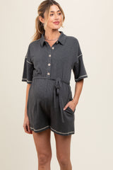 Charcoal Front Button Contrast Stitch Maternity Romper