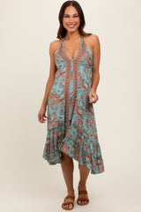 Aqua Floral Paisley Cut-Out Back Halter Maternity Dress