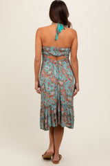 Aqua Floral Paisley Cut-Out Back Halter Maternity Dress