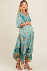 Aqua Floral Border Print V-Neck Tiered Maternity Midi Dress