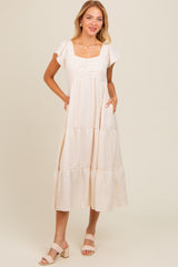 Ivory Textured Sweetheart Neck Short Puff Sleeve Tiered Midi Dress