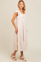 Ivory Textured Sweetheart Neck Short Puff Sleeve Tiered Midi Dress