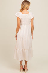 Ivory Textured Sweetheart Neck Short Puff Sleeve Tiered Midi Dress