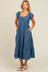 Blue Textured Sweetheart Neck Short Puff Sleeve Tiered Midi Dress