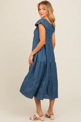 Blue Textured Sweetheart Neck Short Puff Sleeve Tiered Midi Dress