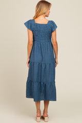 Blue Textured Sweetheart Neck Short Puff Sleeve Tiered Midi Dress