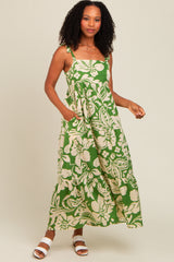 Green Tropical Floral Shoulder Tie Tiered Midi Dress