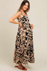 Brown Tropical Floral Shoulder Tie Tiered Maternity Midi Dress