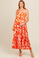 Orange Tropical Floral Shoulder Tie Tiered Maternity Midi Dress