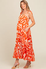 Orange Tropical Floral Shoulder Tie Tiered Maternity Midi Dress