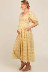 Yellow Floral V-Neck Tiered Maternity Midi Dress