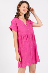 Fuchsia Eyelet Button Front Short Sleeve Dress