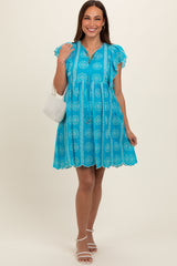 Turquoise Embroidered Flutter Sleeve Maternity Dress