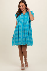 Turquoise Embroidered Flutter Sleeve Maternity Dress