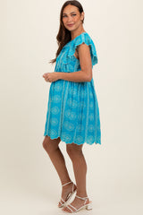 Turquoise Embroidered Flutter Sleeve Maternity Dress