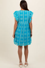 Turquoise Embroidered Flutter Sleeve Maternity Dress