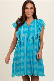 Turquoise Embroidered Flutter Sleeve Maternity Dress