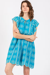 Turquoise Embroidered Flutter Sleeve Maternity Dress