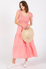 Coral Smocked Sleeveless Drawstring Shoulder Tiered Midi Dress