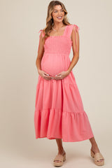 Coral Smocked Sleeveless Drawstring Shoulder Tiered Maternity Midi Dress