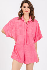 Fuchsia Textured Button Front Short Sleeve Maternity Romper