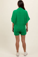 Green Textured Button Front Short Sleeve Maternity Romper