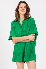 Green Textured Button Front Short Sleeve Maternity Romper