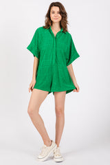 Green Textured Button Front Short Sleeve Romper