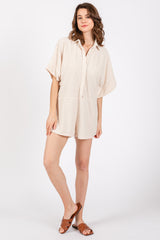 Cream Textured Button Front Short Sleeve Romper