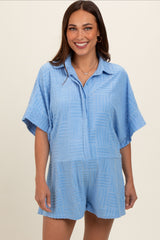 Light Blue Textured Button Front Short Sleeve Maternity Romper