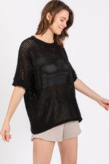 Black Crochet Knit Short Dolman Sleeve Top