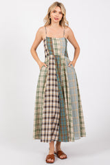 Light Olive Mixed Plaid Maxi Dress