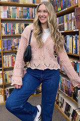 Light Pink Pointelle Collared Button Down Sweater Cardigan