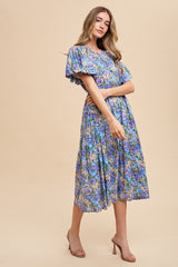 Blue Multi Floral Printed Crew Neck Puff Sleeve Midi Dress