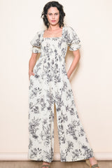 White Floral Smocked Square Neck Wide Leg Jumpsuit