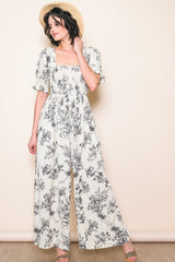 White Floral Smocked Square Neck Wide Leg Jumpsuit