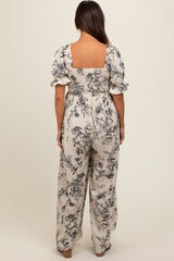 White Floral Smocked Square Neck Wide Leg Maternity Jumpsuit