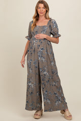 Taupe Floral Smocked Square Neck Wide Leg Maternity Jumpsuit