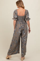 Taupe Floral Smocked Square Neck Wide Leg Maternity Jumpsuit