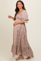 Cream Sweetheart Neck Smocked Ruffle Hem Maternity Maxi Dress