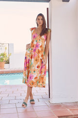 Multi Color Floral V-Neckline Short Sleeve Maternity Dress