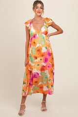 Multi Color Floral V-Neckline Short Sleeve Maternity Dress