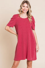 Burgundy Washed Ribbed Puff Sleeve Maternity Dress