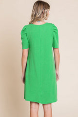 Green Washed Ribbed Puff Sleeve Dress