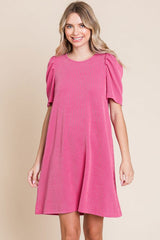 Fuchsia Washed Ribbed Puff Sleeve Dress