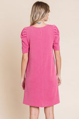 Fuchsia Washed Ribbed Puff Sleeve Dress