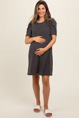 Charcoal Washed Ribbed Puff Sleeve Maternity Dress