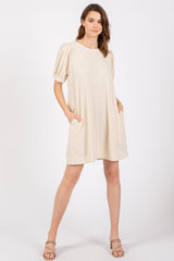 Ivory Textured Stripe Knit Short Puff Sleeve Dress