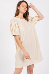 Ivory Textured Stripe Knit Short Puff Sleeve Dress