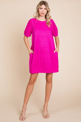 Fuchsia Textured Stripe Knit Short Puff Sleeve Maternity Dress